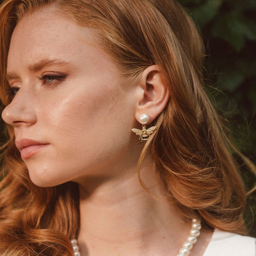 Bejewelled Pearl Bee Earrings – detail or styling view