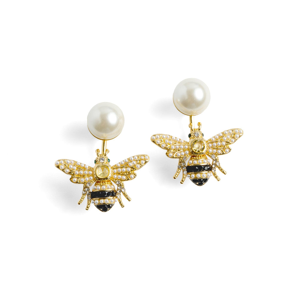 Bejewelled Pearl Bee Earrings by Bill Skinner