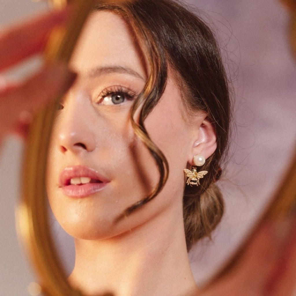 Bejewelled Pearl Bee Earrings – detail or styling view