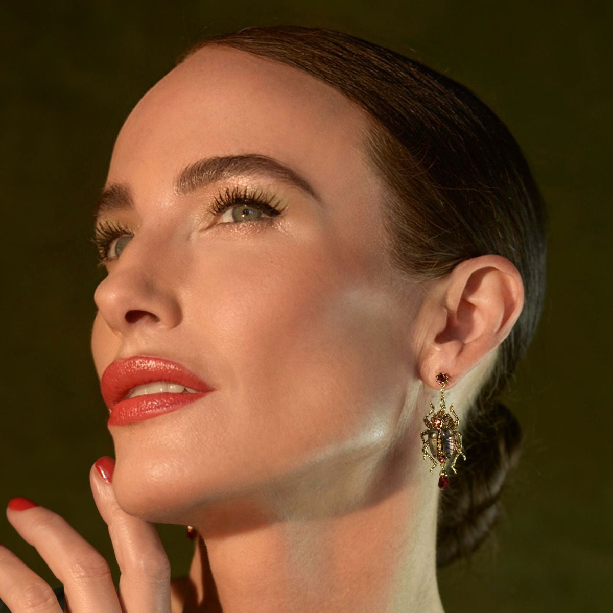 Bejewelled Beetle Statement Drop Earrings – detail or styling view