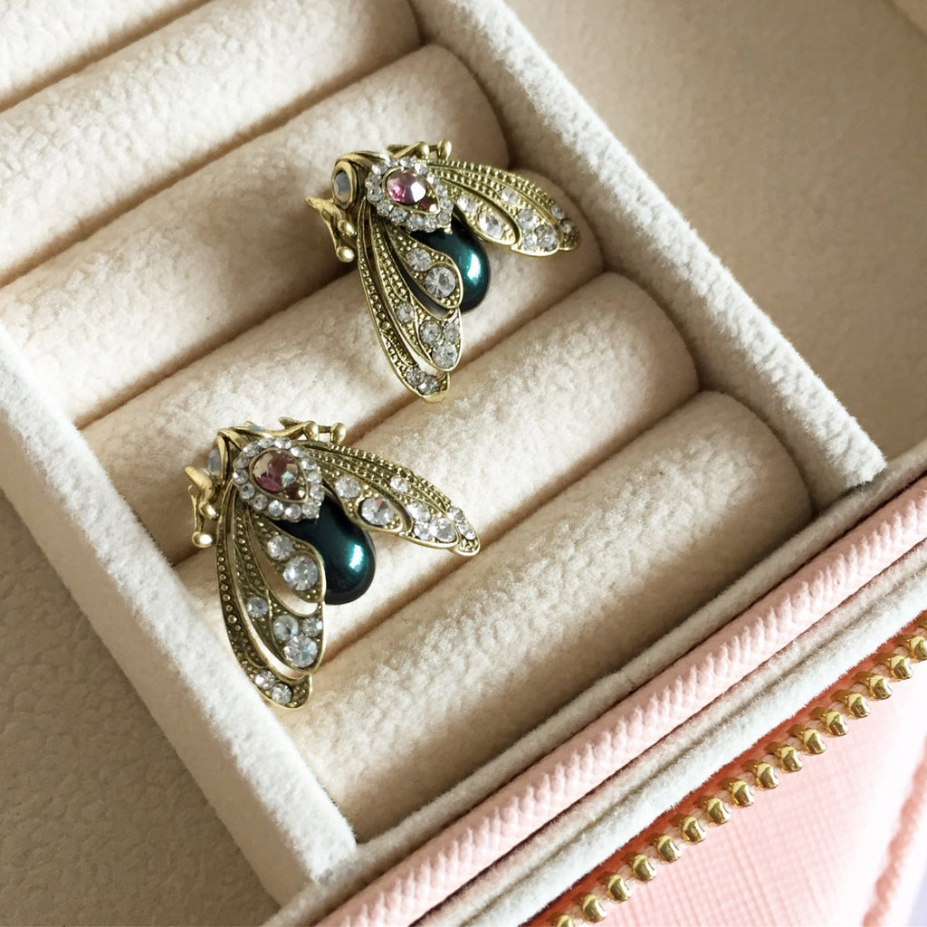 Bejewelled Moth Stud Earrings – detail or styling view