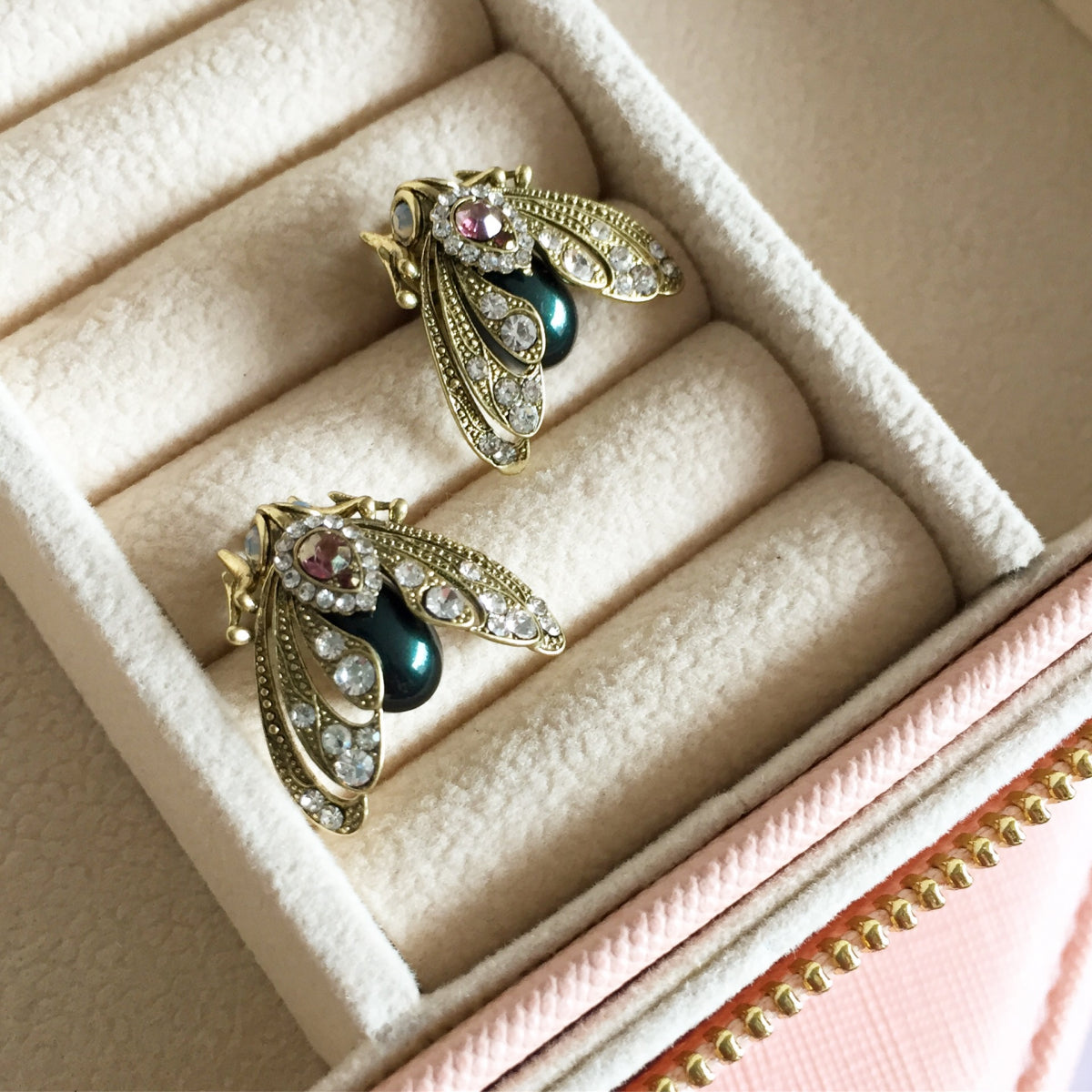 Bejewelled Moth Stud Earrings – detail or styling view