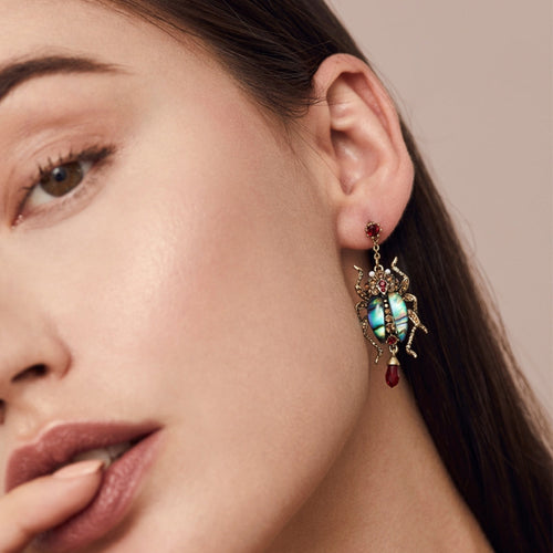 Bejewelled Beetle Statement Drop Earrings – detail or styling view