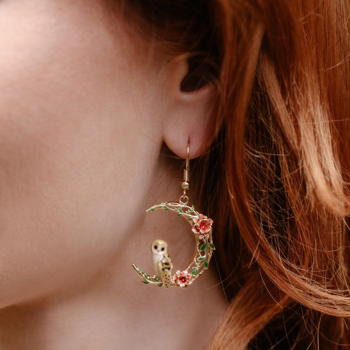 Owl in a Moon Drop Earrings – detail or styling view